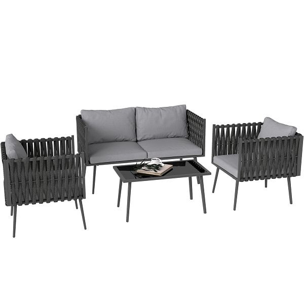 Outsunny Gartenmöbel Set 4 Personen wetterfest Balkonmöbel-Set mit 2er Sofa, Sessel Glastisch Sitzkissen Hellgrau, 860-396V00LG