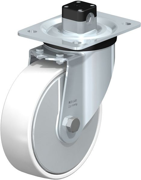 Blickle L-PO 160G-CS11-FA Stahlblech-Lenkrolle, mittelschwere Ausführung, mit Anschraubplatte & Zentralfeststeller, Polyamid, Weiß, 852636