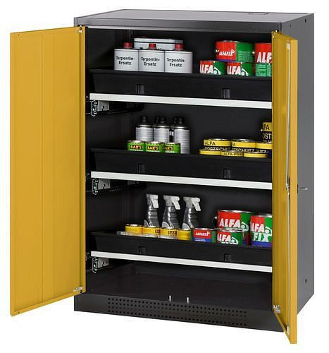 asecos Chemikalienschrank Systema-T CS-83, Korpus anthrazit, Flügeltüren gelb, 3 Tablarauszüge, 208853