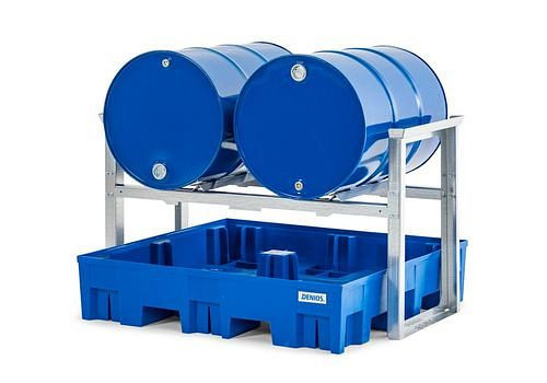 DENIOS Fassregal für 2 Fässer à 200 Liter, mit Kunststoffwanne, 1429 x 1235 x 837 mm, 291783