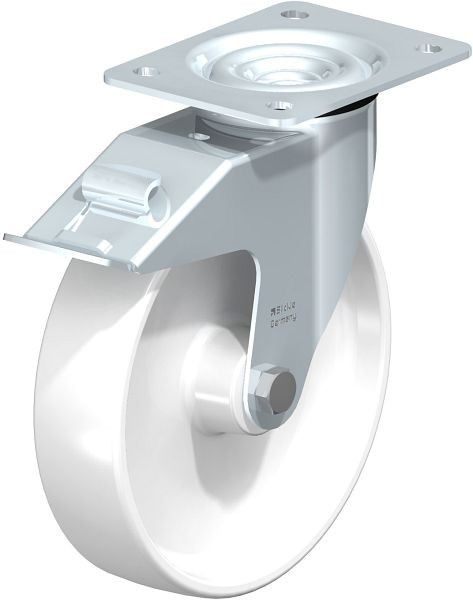 Blickle LE-PO 200R-FI Stahlblech-Lenkrolle mit Anschraubplatte & Feststeller, Polyamid, Weiß, 498857