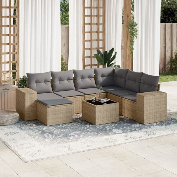 vidaXL 8-tlg. Garten-Sofagarnitur mit Kissen Beige Poly Rattan, 3222908