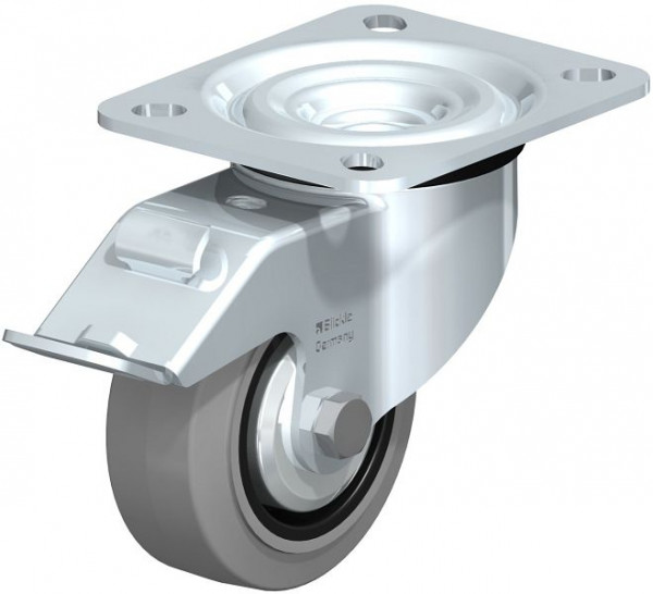 Blickle L-POEV 80G-FI-SG-FA Stahlblech-Lenkrolle, mittelschwere Ausführung, mit Anschraubplatte & Feststeller, Elastik-Vollgummi, Grau, 850435