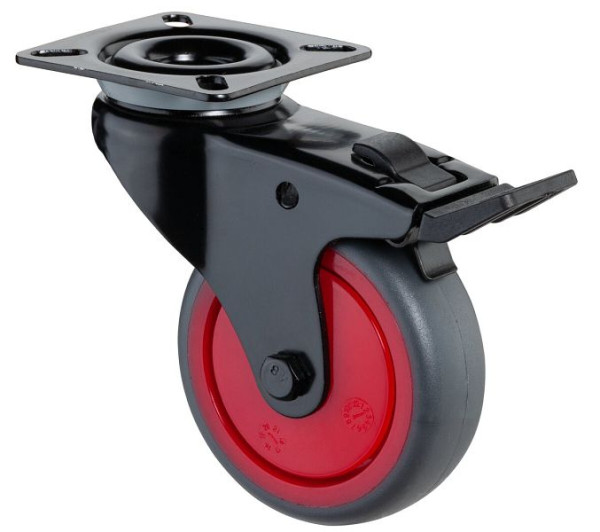 BS Rollen Lenkrolle mit Feststeller schwarz, thermoplastisches Gummirad grau, Kugellager, Platte, Durchmesser: 75 mm, VE: 4 Stück, A820.A85.075.03