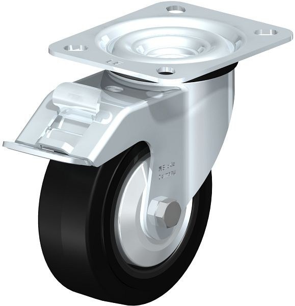 Blickle LE-POEV 100XR-FI-FA Stahlblech-Lenkrolle mit Anschraubplatte & Feststeller, Elastik-Vollgummi, Schwarz, 850104