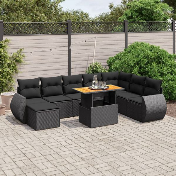 vidaXL 9-teilig Garten-Sofagarnitur mit Kissen Schwarz Poly Rattan, 3275848