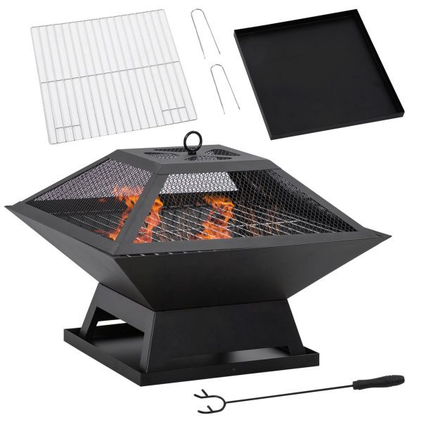 Outsunny Feuerschale mit Funkenschutz Grillrost Schürhaken Feuerkorb Feuerstelle für Garten Camping BBQ Stahl Schwarz 45 x 45 x 34 cm, 842-263