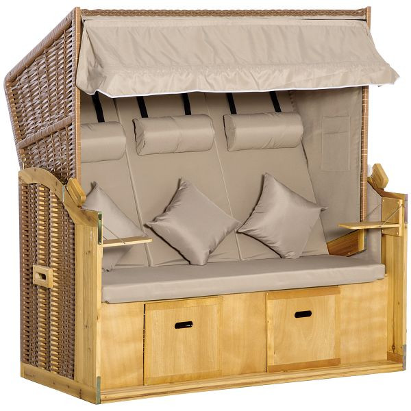 Outsunny Strandkorb 3-Sitzer Sonnenliege mit Dach 2 Klapptischen Fußstütze Chaiselongue 5-stufige Rückenlehne XXL Polyrattan Natur, 867-107