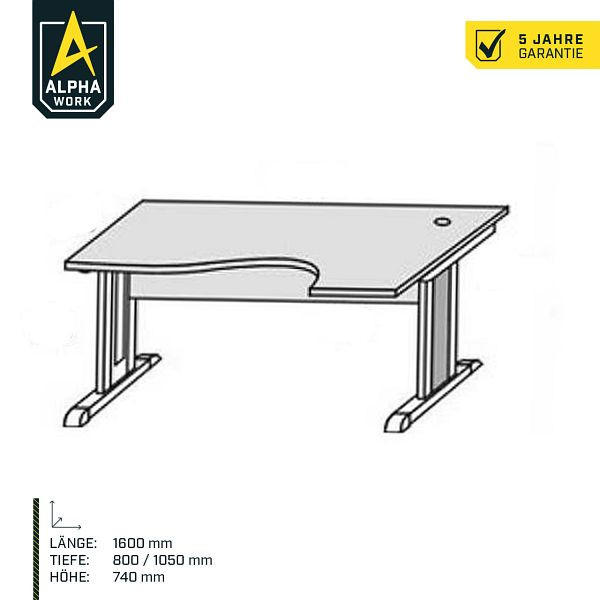 Alpha Work Schreibtisch, 1600 x 740 x 1050 / 800 mm, Dekor Lichtgrau, Gestell Anthrazit, 11547