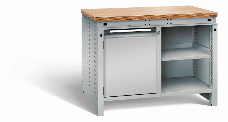 Otto Kind Werkbank Serie function Typ 210, Multiplexplatte 40 mm, bündig, 2x Unterbau, komplett RAL 9006, 072340196