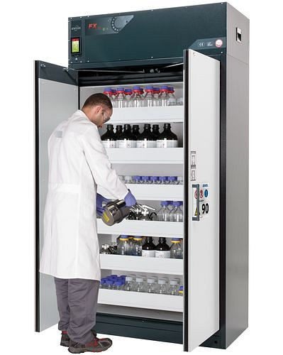 asecos Feuerbeständiger Umluft-Gefahrstoffschrank Custos, Türen grau, mit 6 Auszugswannen, Typ E-126, 248465