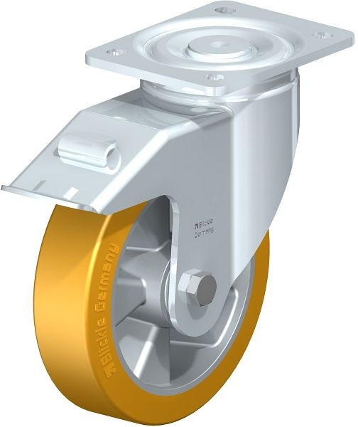 Blickle LH-ALTH 180K-FI Stahlblech-Lenkrolle, Schwerlast-Ausführung, mit Anschraubplatte & Feststeller, Blickle Extrathane®, Hellbraun, 614479