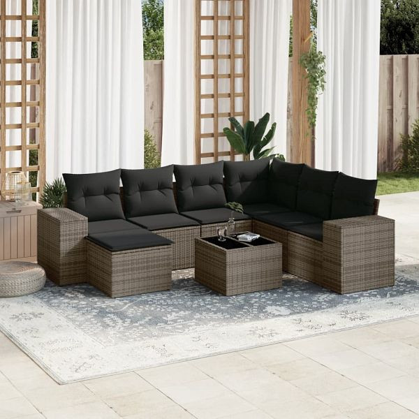 vidaXL 8-teilig Garten-Sofagarnitur mit Kissen Grau Poly Rattan, 3222909