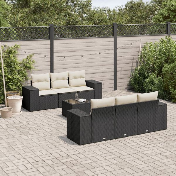 vidaXL 7-teilig Garten-Sofagarnitur mit Kissen Schwarz Poly Rattan, 3222305