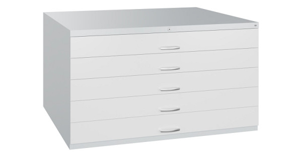 C+P Flachablageschrank Serie 7100_7200, H760xB1350xT960mm, 7035/7035, 5 Schubladenblenden doppelwandig, 7201-100 S10332