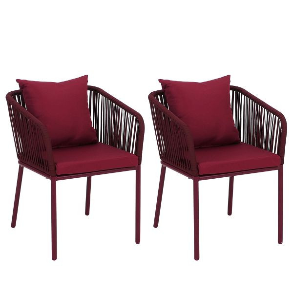 Mendler 2er-Set Gartenstuhl HWC-N41, Outdoor Armlehne, wetterfest Aluminium Seilgeflecht Rope, bordeaux, Kissen bordeaux, 120151
