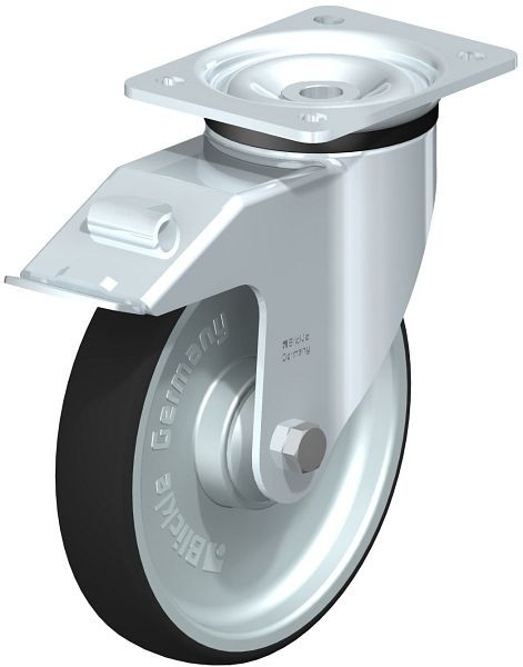 Blickle LK-PATH 200K-FI Stahlblech-Lenkrolle, schwere Ausführung, mit Anschraubplatte & Feststeller, Thermoplastisches Polyurethan, Grau, 760105