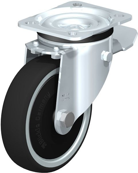 Blickle LK-PATH 125K-1-ST-ELS-FK Stahlblech-Lenkrolle, schwere Ausführung, mit Anschraubplatte & Feststeller, Thermoplastisches Polyurethan, Grau, 852249