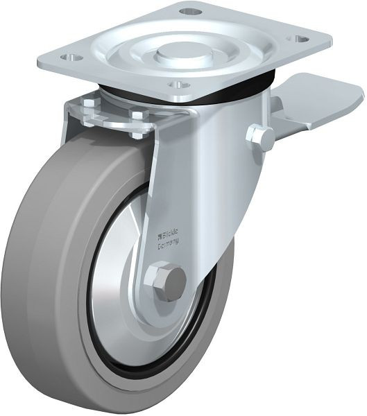 Blickle L-POEV 160K-ST-SG-FA Stahlblech-Lenkrolle, mittelschwere Ausführung, mit Anschraubplatte & Feststeller, Elastik-Vollgummi, Grau, 749355