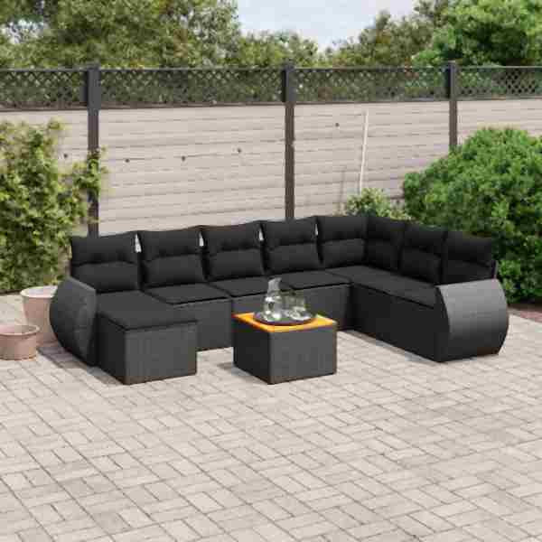 vidaXL 9-tlg. Garten-Sofagarnitur mit Kissen Schwarz Poly Rattan, UV-beständig, 3257469