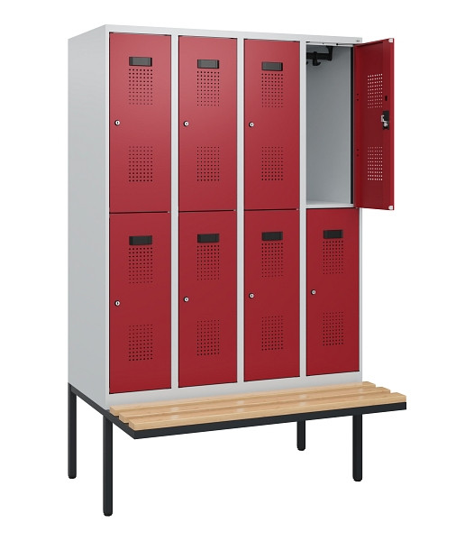 C+P Doppelstock-Spind Evolo PLUS, Bank, 8 Fächer, 1950x1200x815mm, 7035/3003, Zylinderschloss, Sitzfläche Buche-Hartholz, 0493405-40 S10026
