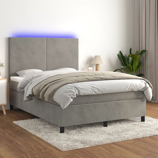 vidaXL Boxspringbett mit Matratze & LED Hellgrau 140x200 cm Samt, 3136005