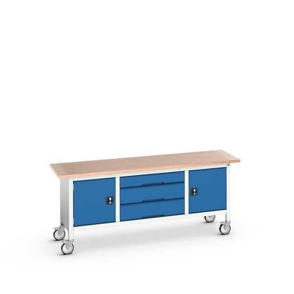 bott verso mobile Kastenwerkbank (Multiplex) mit 3 Schubladen und 2 Türen, BxTxH: 2000 x 600 x 830 mm, Lichtgrau / Enzianblau, 16923232.11