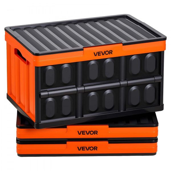 VEVOR Klappbox 45 L 3er-Pack, Faltbare Kunststoff-Aufbewahrung, Stapelbar mit Deckel, 20 kg Tragkraft, Orange & Schwarz, KZDSLCWXCHS4PZD9O001V0