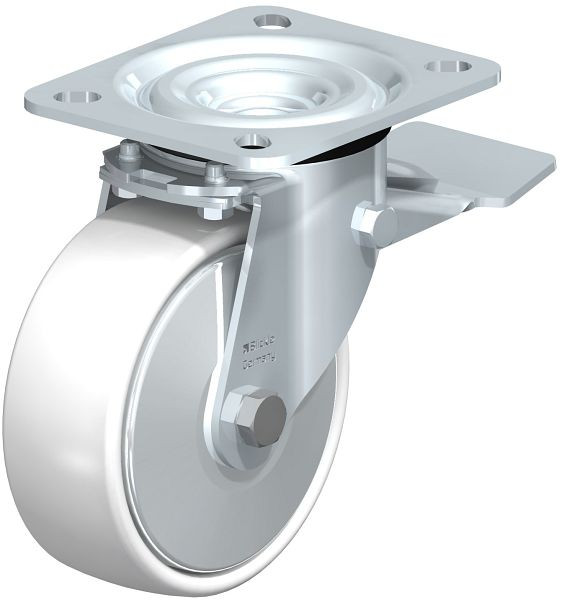 Blickle L-PPN 100G-ST-FA Stahlblech-Lenkrolle, mittelschwere Ausführung, mit Anschraubplatte & Feststeller, Polypropylen, Weiß, 762781