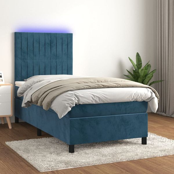 vidaXL Boxspringbett mit Matratze & LED Dunkelblau 90x190 cm Samt, 3136219