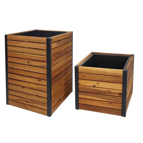 Mendler 2er-Set Pflanzkasten HWC-L23, Hochbeet Pflanzkübel Blumenkasten, Outdoor Akazie Holz FSC®-zertifiziert Aluminium braun, 98581+98582