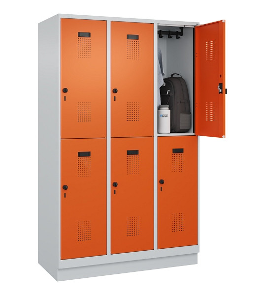 C+P Doppelstöckiger Spind Evolo PLUS, mit Sockel, 6 Fächer, 1950x1200x500mm, 703, Frontfarbe RAL 2004 Reinorange, Drehriegel, 049320-32 S10002