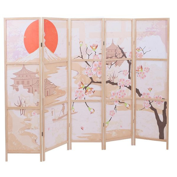 Mendler Paravent HWC-O70, Trennwand Sichtschutz Raumtrennung Naturmotive Holz MVG Polyethylen 170x227cm, Kirschblüten, 130679