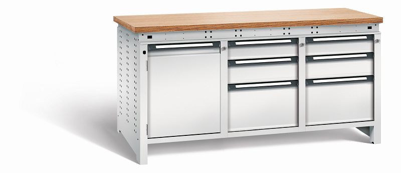 Otto Kind Werkbank Serie function Typ 311, Multiplexplatte 40 mm, bündig, 2x Unterbau + mittleres Feld, komplett RAL 7035, 072366117