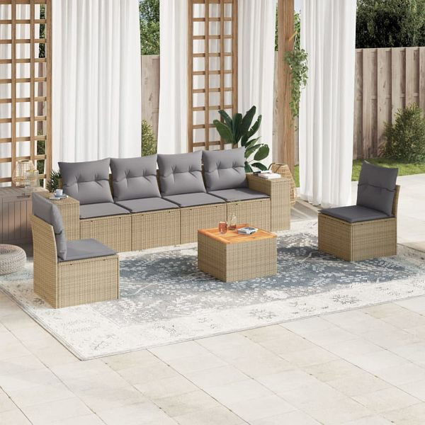 vidaXL 7-teilig Garten-Sofagarnitur mit Kissen Beige Poly Rattan, 3257725