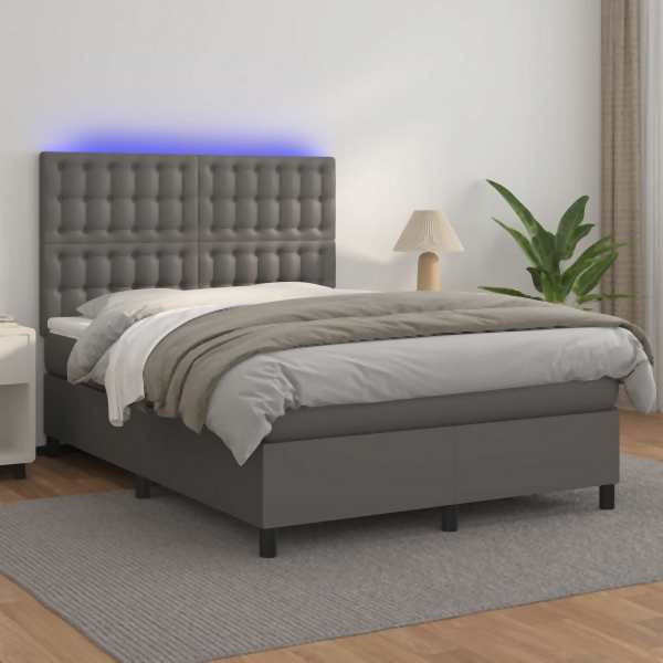 vidaXL Boxspringbett mit Matratze & LED Grau 140x200 cm Kunstleder, 3135949