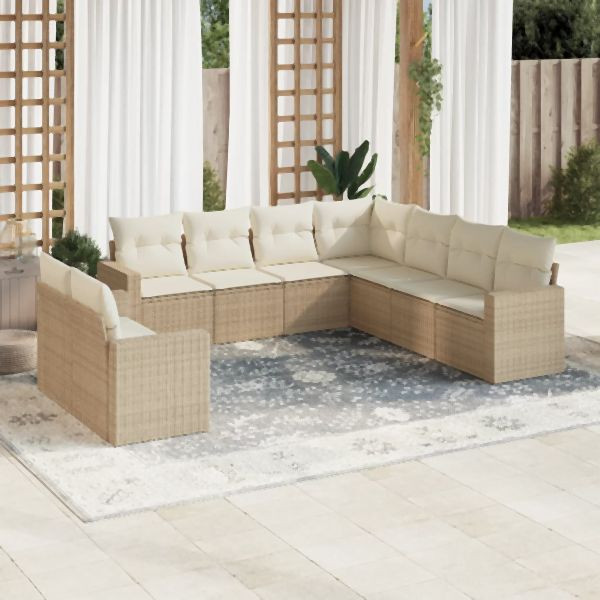vidaXL 9-tlg. Garten-Sofagarnitur mit Kissen Beige Poly Rattan, 3251485