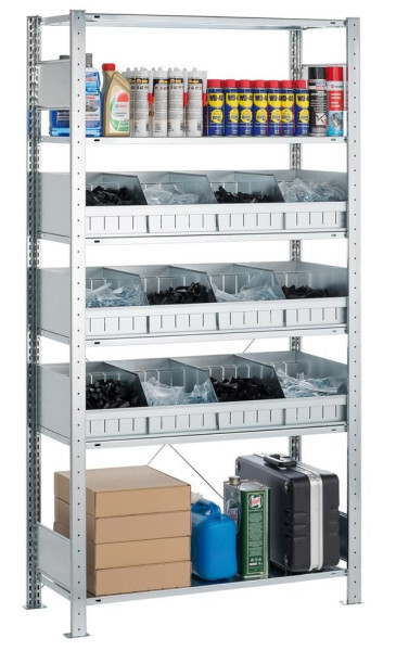 Schulte Anbauregal, Kleinteileregal MULTIplus150, 2000 x 1000 x 500 mm, 6 Fachböden, 3 Ebenen mit Schüttgutmulden mit je 3 Trennblechen, verzinkt, 14275