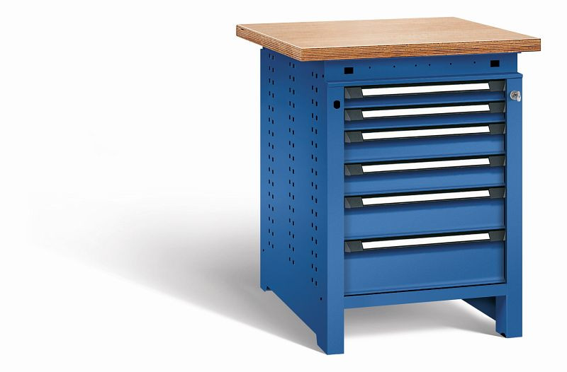 Otto Kind Werkbank Serie function Typ 110, Multiplexplatte, überstehend, 6 Schubladen, mit Zentralverschluss, komplett RAL 5010, 072327213