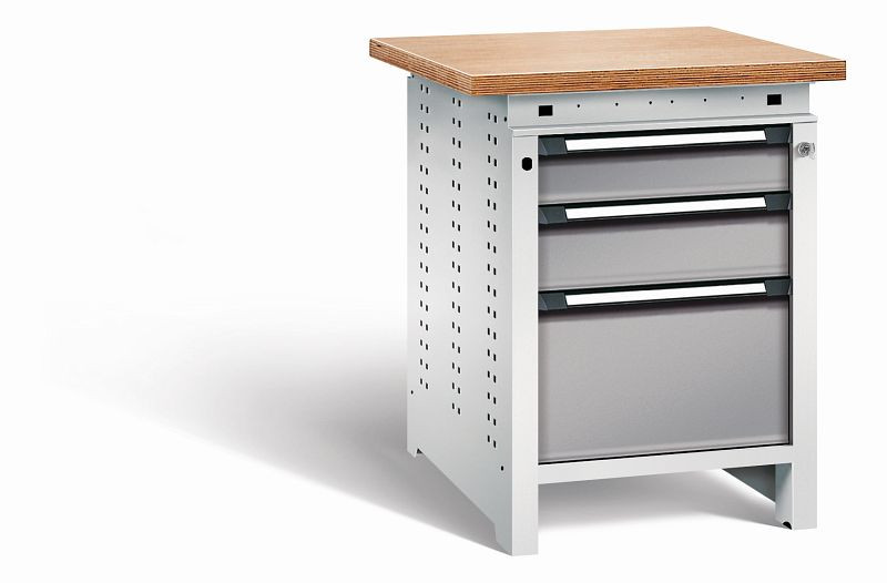 Otto Kind Werkbank Serie function Typ 106, Multiplexplatte, überstehend, 3 Schubladen, mit Zentralverschluss, Gehäuse RAL 7035, Front RAL 7037, 072323267