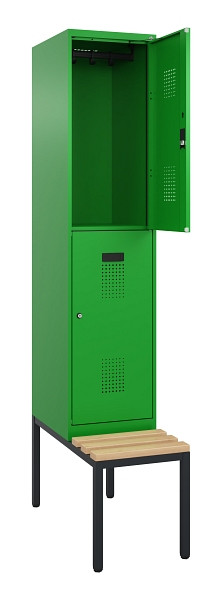 C+P Doppelstock-Spind Evolo PLUS, Bank, 2 Fächer, 2120x400x815mm, 6037/6037, Zylinderschloss, Sitzfläche Buche-Hartholz, Sitzbank, 0493507-12 S10053