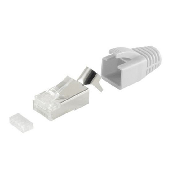 S-Conn Netzwerk Modular Stecker RJ45 SET für Verlegekabel bis AWG 23, Stecker mit Zugentlastung, Einführhilfe und Tülle, grau VE: 10 Stück, 72067-10GR