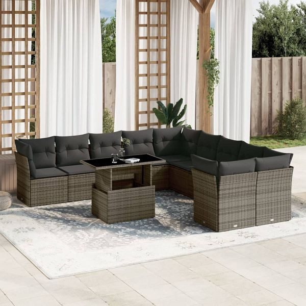 vidaXL 11-teilig Garten-Sofagarnitur mit Kissen Grau Poly Rattan, 3266880