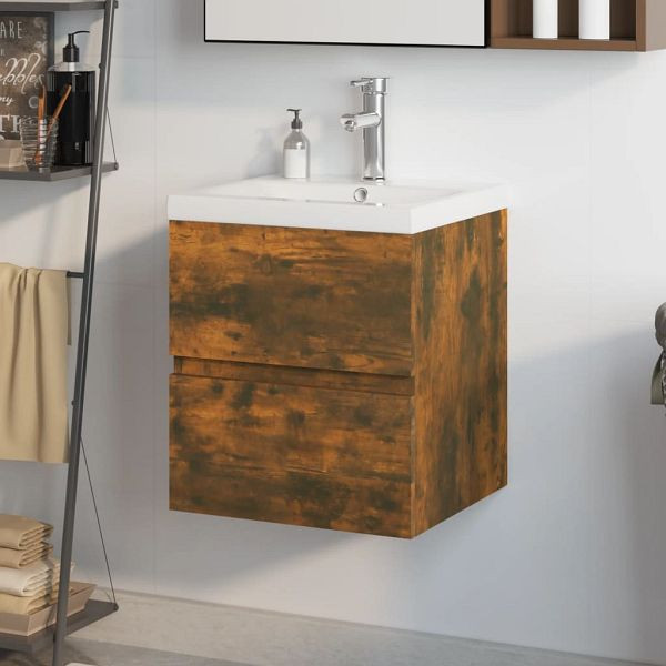 vidaXL Waschbeckenschrank mit Einbaubecken Räuchereiche Holzwerkstoff, 3152861