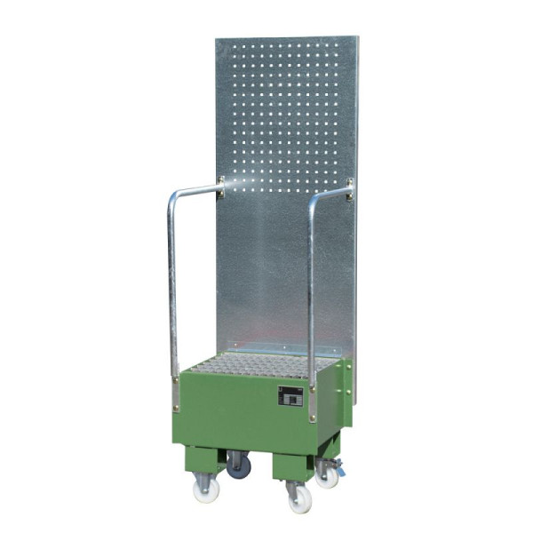 STEIN HGS Fahrbare Auffangwanne mit Lochplattenwand LPW, 60 Liter, RAL 6011 resedagrün, Höhe 1775mm, lackiert, 1x 60 Liter Fass, Breite 590mm, 79205.0028