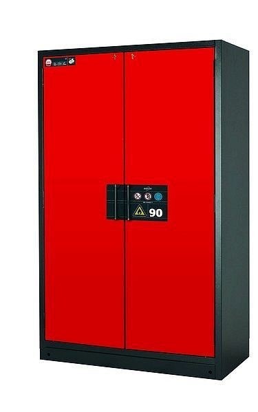 asecos Sicherheitsschrank Q-CLASSIC-90, Q90.195.120 in verkehrsrot RAL 3020 mit 4x Auszugswanne Standard (Edelstahl), 30001-046-30018