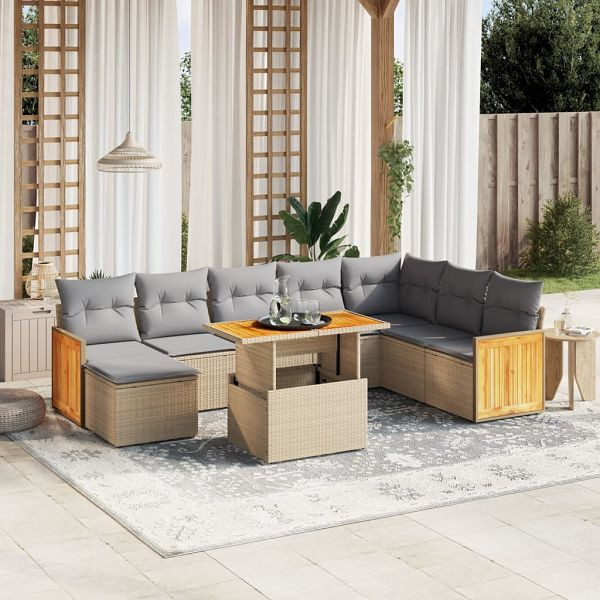 vidaXL 9-teilig Garten-Sofagarnitur mit Kissen Beige Poly Rattan, 3274097