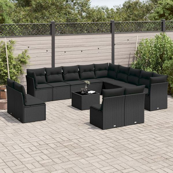 vidaXL 14-teilig Garten-Sofagarnitur mit Kissen Schwarz Poly Rattan, 3218495