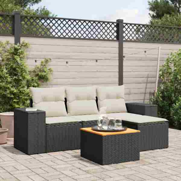 vidaXL 5-tlg. Garten-Sofagarnitur mit Kissen Schwarz Poly Rattan, UV-beständig, 3225412