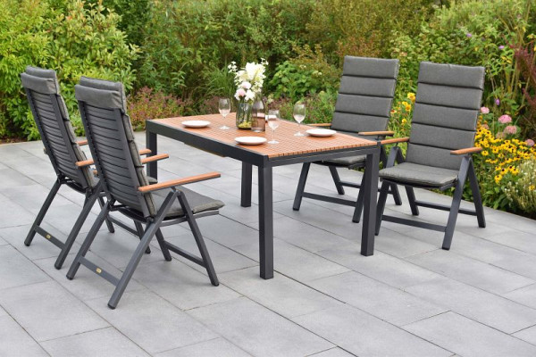 Merxx Astros Set 9-teilig, 4 Astros Klappsessel, 4 Kissen, grau, Ausziehtisch, 150 (200) x 90 cm, Tischplatte Kunstoff, Holzoptik, 50195-800